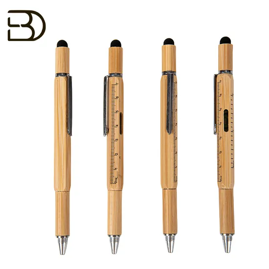 Multi Function Bamboo Wood 0.7mm Width Black&Blue Ink Touch Screen Wooden Pen for Gift 